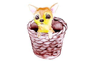 Chihuahua Puppy in a Basket in Watercolor Style and Dogs