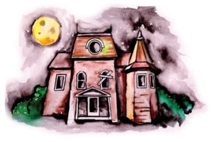 Haunted House with Full Moon in Watercolor for Halloween Branding