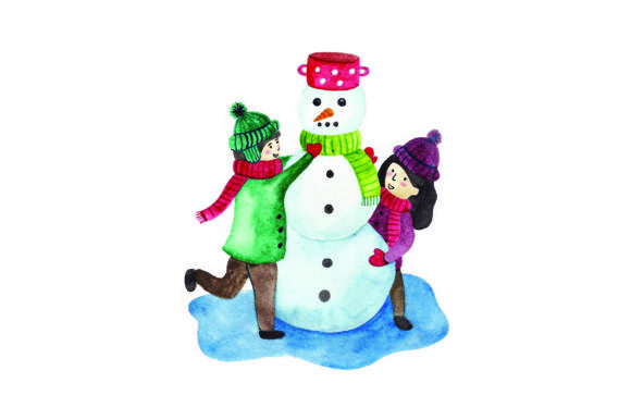 Kids Building Snowman - Watercolor: A Festive Graphic Design Asset for Winter Branding