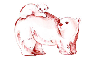 Mom and Baby Polar Bears in Watercolor Style