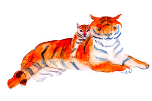 Mom and Baby Tigers in Watercolor Style for Animal-Themed Crafts