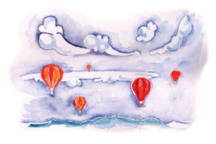 Sky with Hot Air Balloons in Watercolor for Real Crafting and Small Business