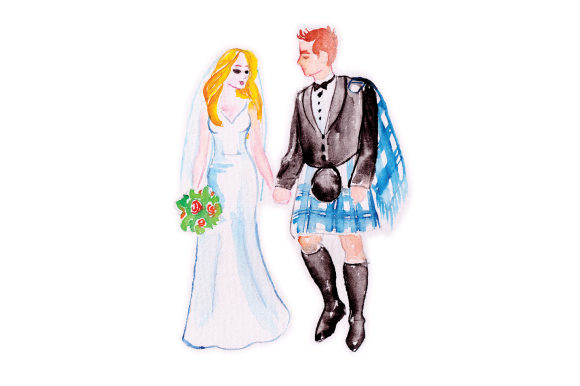 Watercolor Wedding Couple with Guy in Blue Kilt