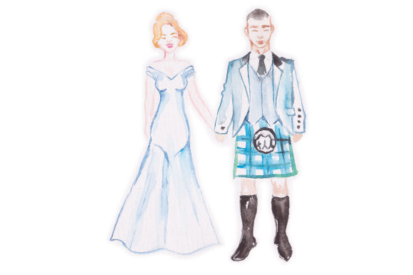 Watercolor Wedding Couple with Guy in Kilt for Wedding Branding