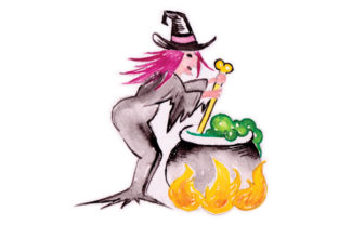 Witch Stirring Cauldron in Watercolor for Halloween
